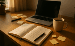 Cozy writer’s desk with an open notebook, andcoffee mug