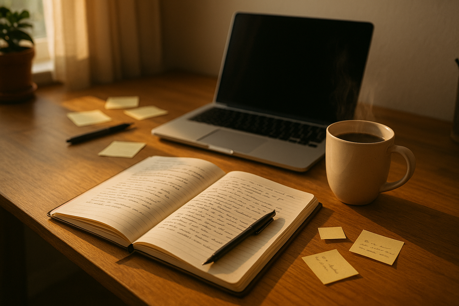Cozy writer’s desk with an open notebook, andcoffee mug